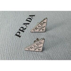 Prada Signature White Enamel Triangle Symbole Logo Silver Tone Stud Earrings